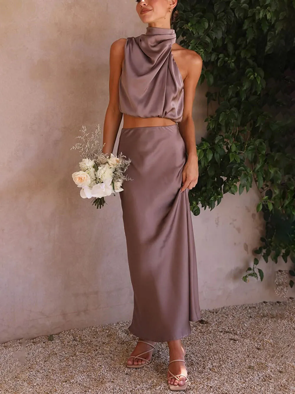 Elegant Such A Vibe High Neck Satin Drape Maxi Skirt Set