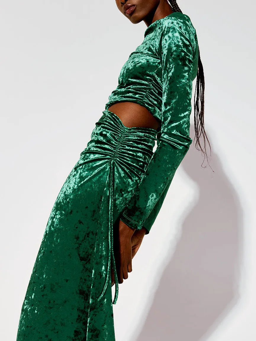 Modern Cutout Shirred Diamond Velvet Maxi Dress