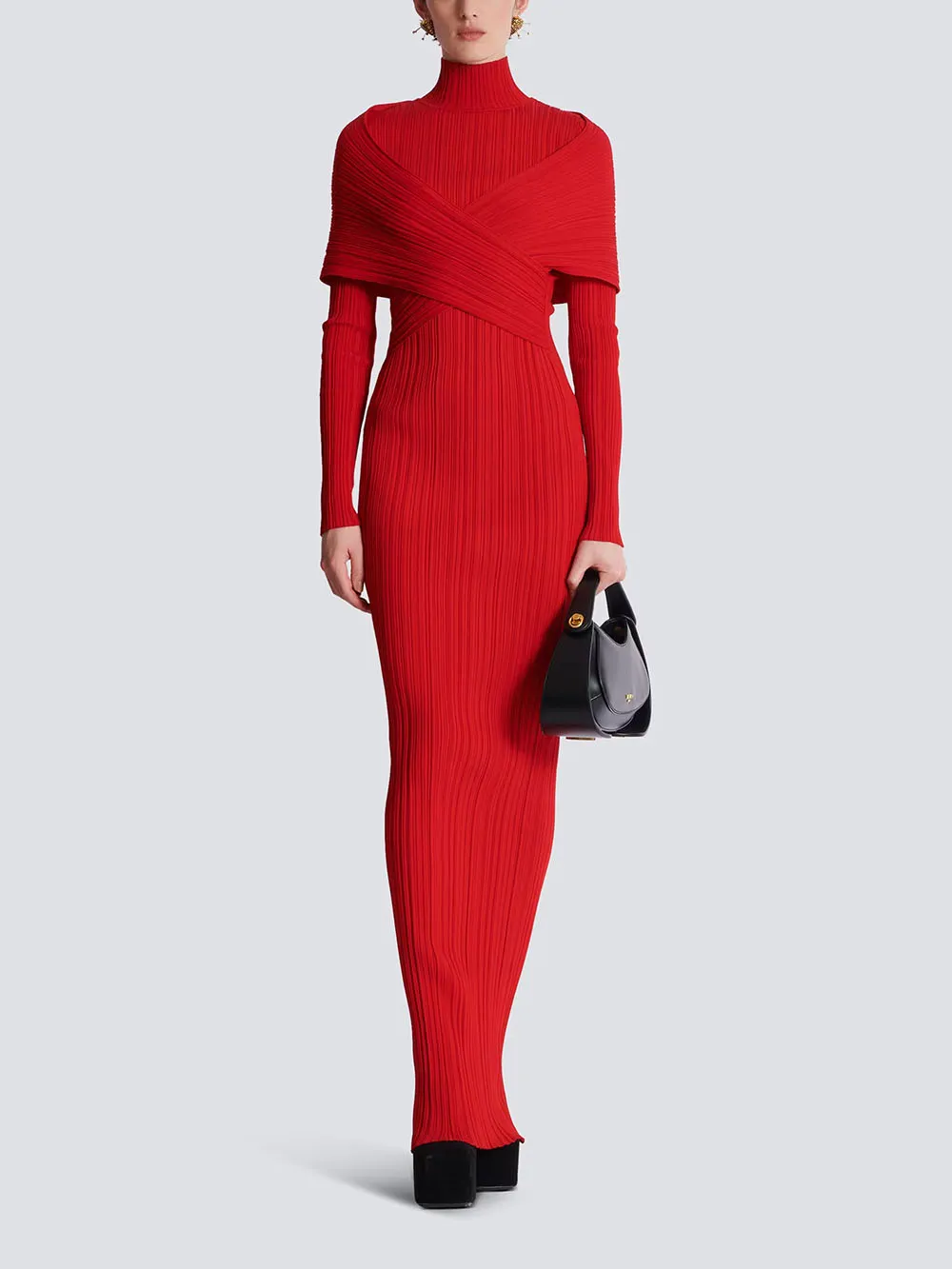 Red Elegant Wrap Effect Layered Pleated Maxi Dress