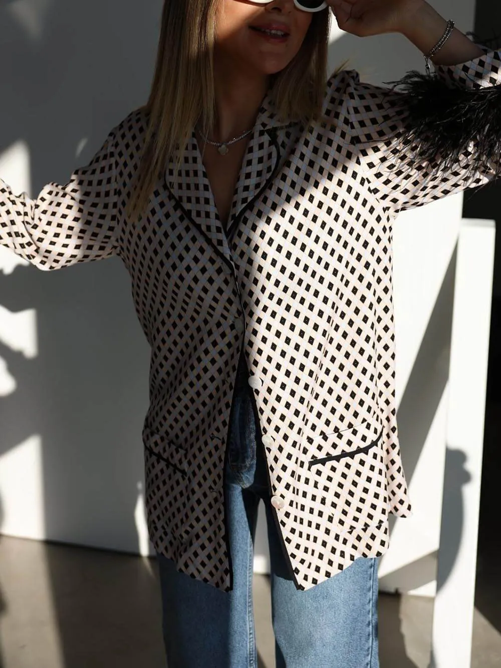 Unique Geometric Printed Feather Trim Blazer