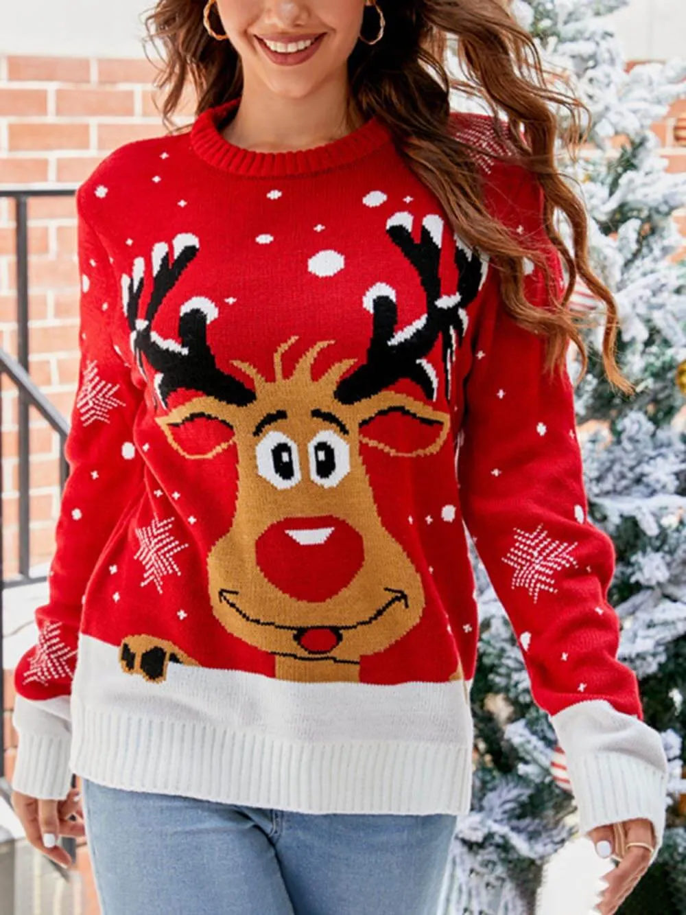 Lazy Style Christmas Reindeer Jacquard Pullover Knitted Sweater