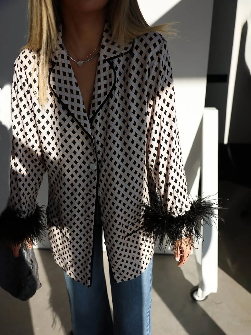 Unique Geometric Printed Feather Trim Blazer