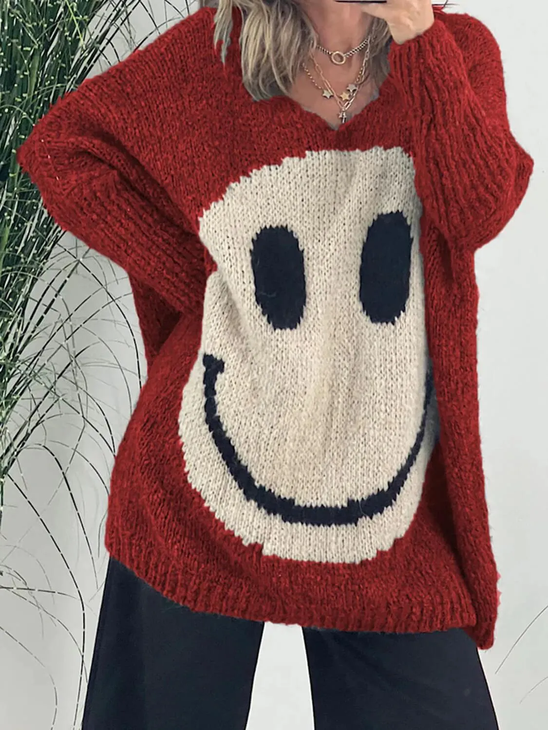 Casual Street Smiley Face Pullover Loose Sweater