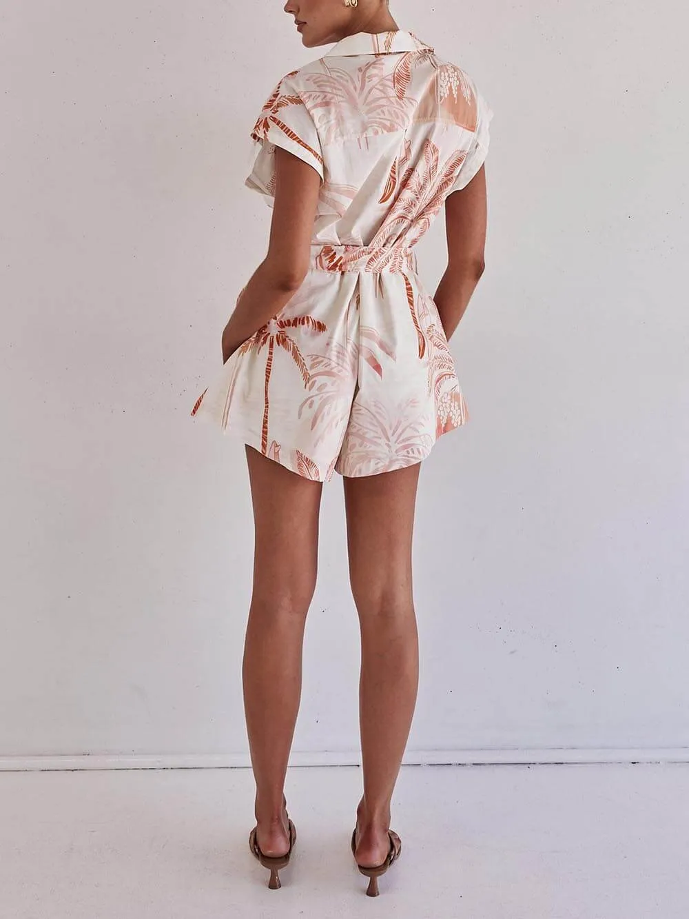 Cream Tropical Palm Print Loose-Fitting Jumpsuit