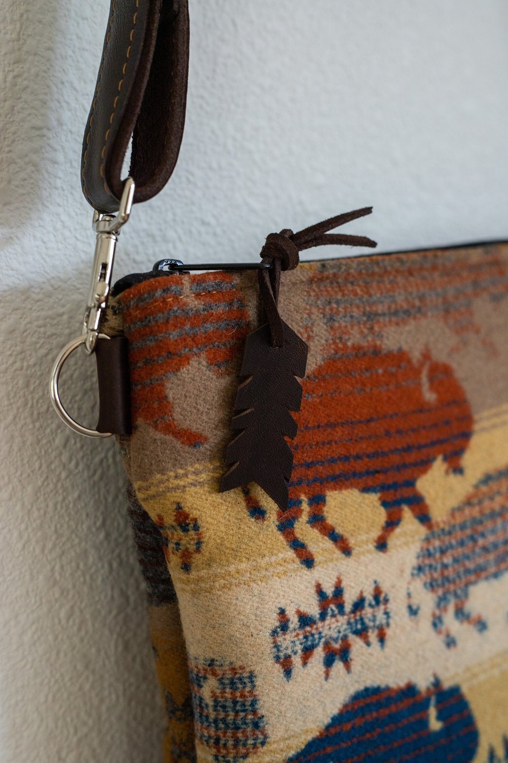 LAND OF BUFFALO WOOL LEATHER BOTTOM CROSS BODY PURSE WITH BROWN WAXED LEATHER