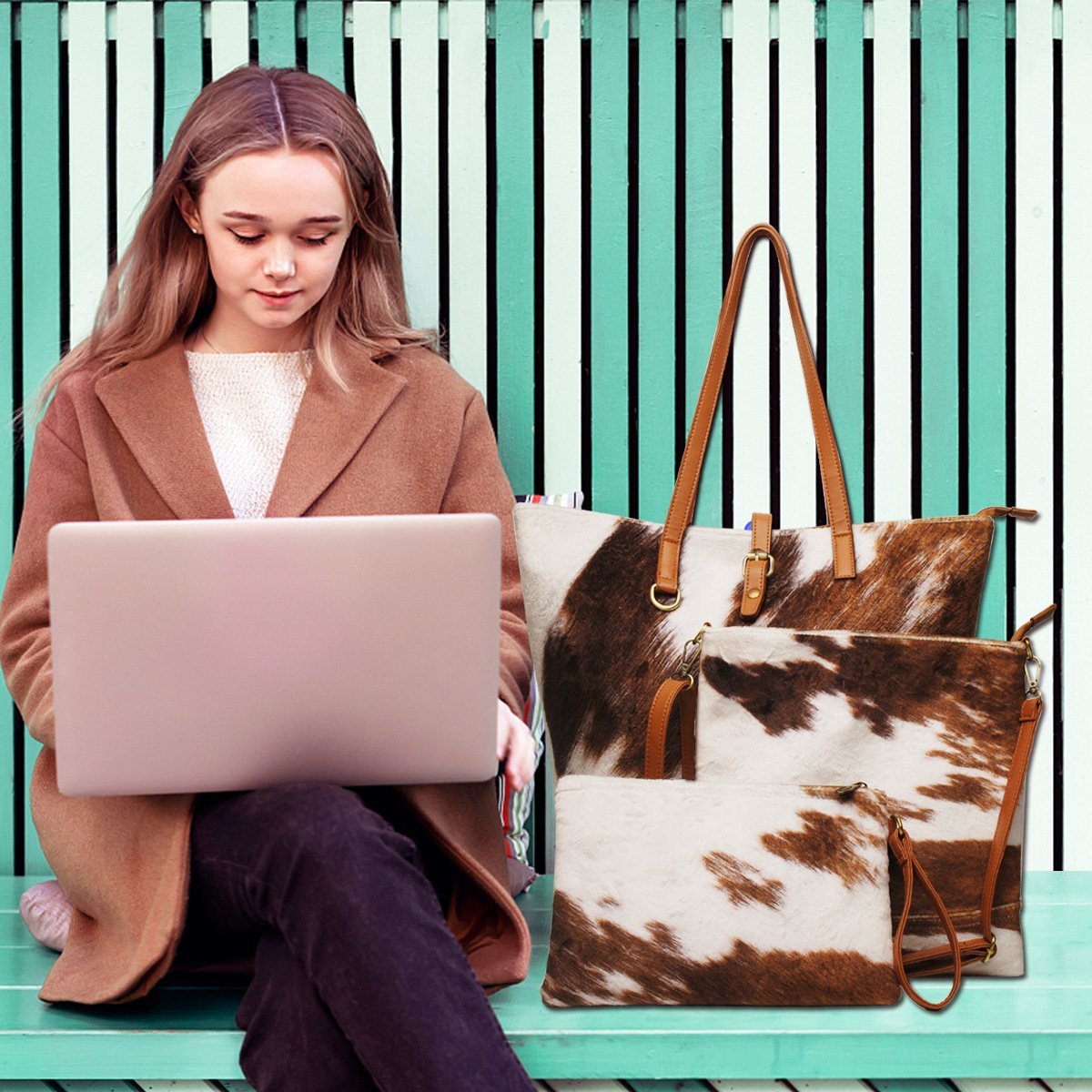 PU cotton plush super soft cow pattern three-piece makeup hand-held one-shoulder handbag