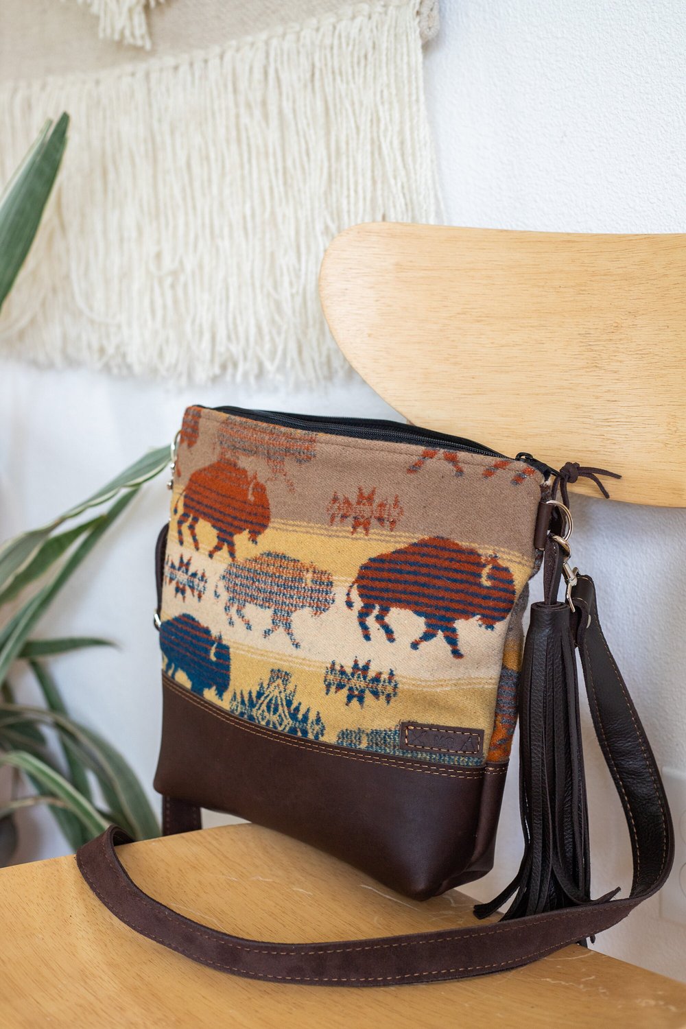 LAND OF BUFFALO WOOL LEATHER BOTTOM CROSS BODY PURSE WITH BROWN WAXED LEATHER