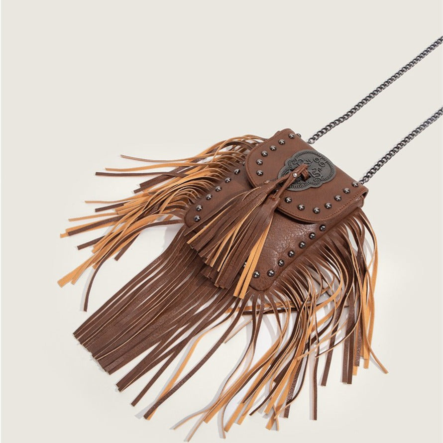 Fashion Women's Rivet Tassel Small Mobile Phone Bag Casual Thin Chain Shoulder Slung Women's Bag