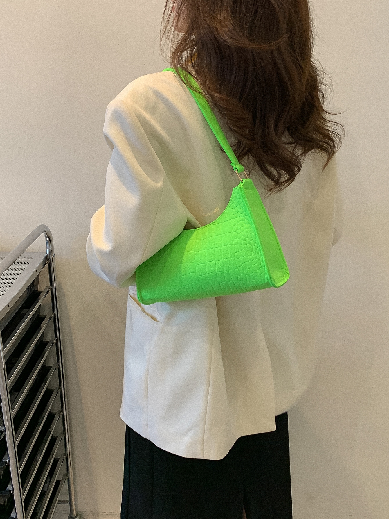 Fluorescent Green Croco-embossed Felt Baguette