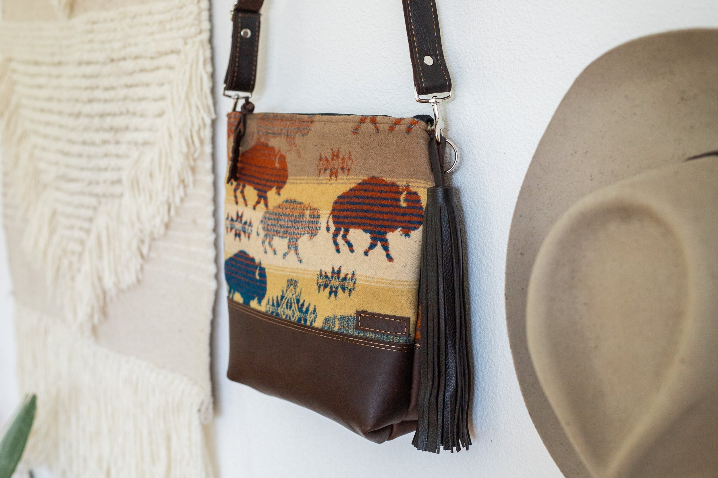 LAND OF BUFFALO WOOL LEATHER BOTTOM CROSS BODY PURSE WITH BROWN WAXED LEATHER