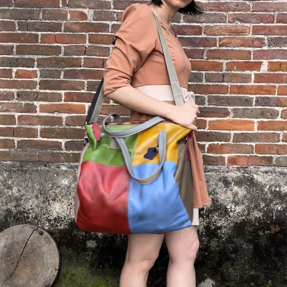 Leather Vintage Handmade Colorblock Tote Crossbody Bag