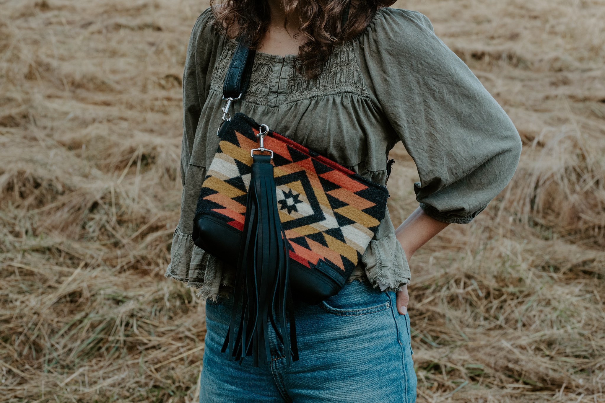 HIP BAG  SLING BAG IN PUEBLO DWELLING + BLACK WAXED LEATHER