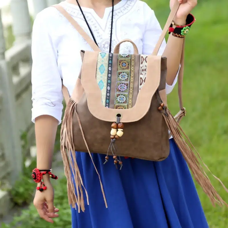 Embroidered Backpack, Women's Vintage Frosted PU Backpack, Ten Embroidered Tassel Travel Backpack