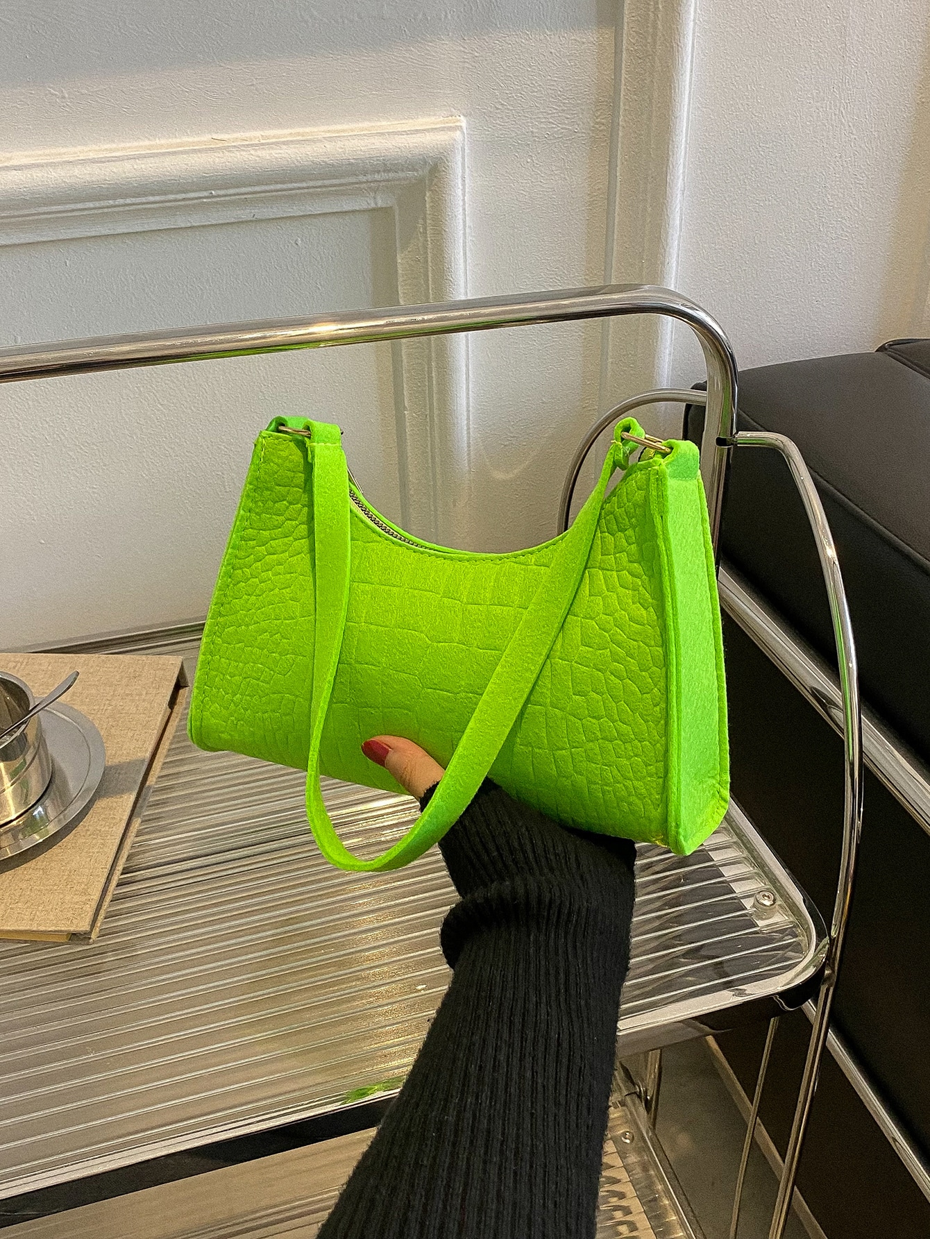 Fluorescent Green Croco-embossed Felt Baguette