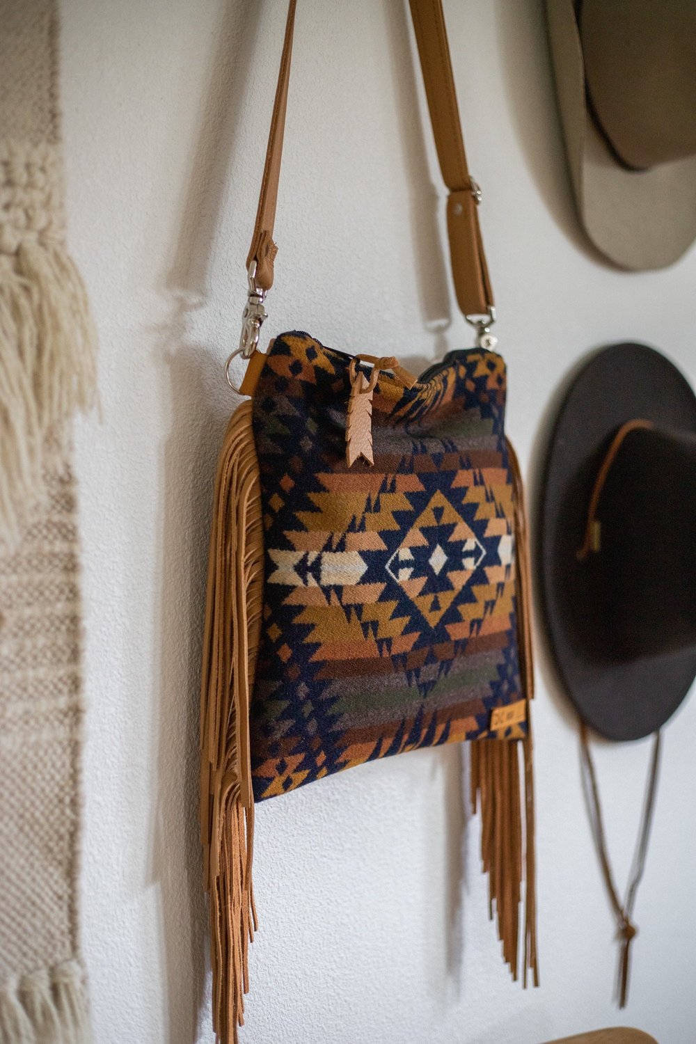 FRINGE CROSSBODY PURSE IN NAVY AND OLIVE WOOL