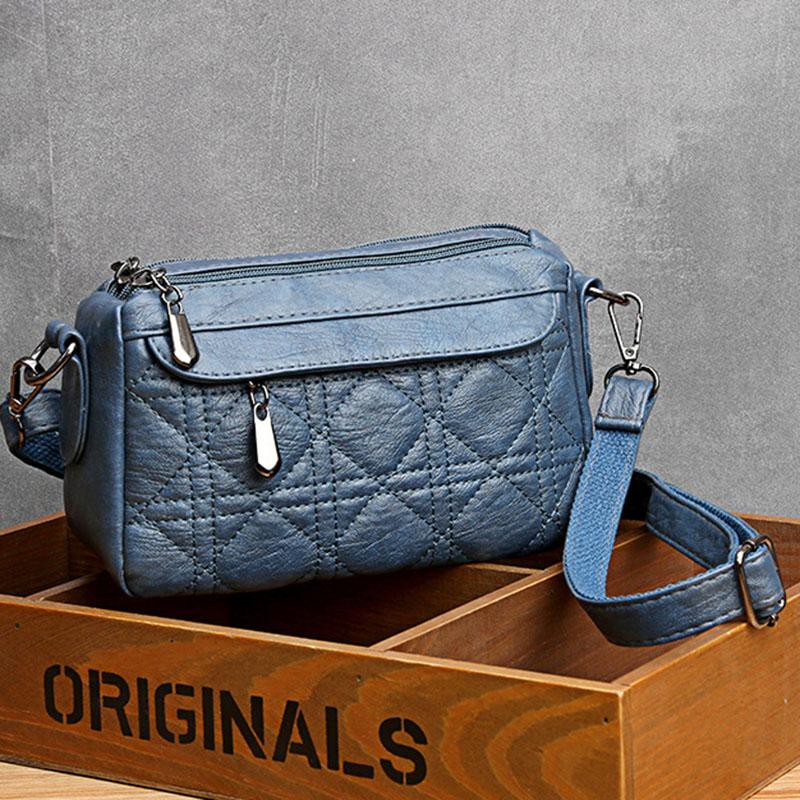 Ladies double-layer large capacity diagonal shoulder bag washed soft leather pouch