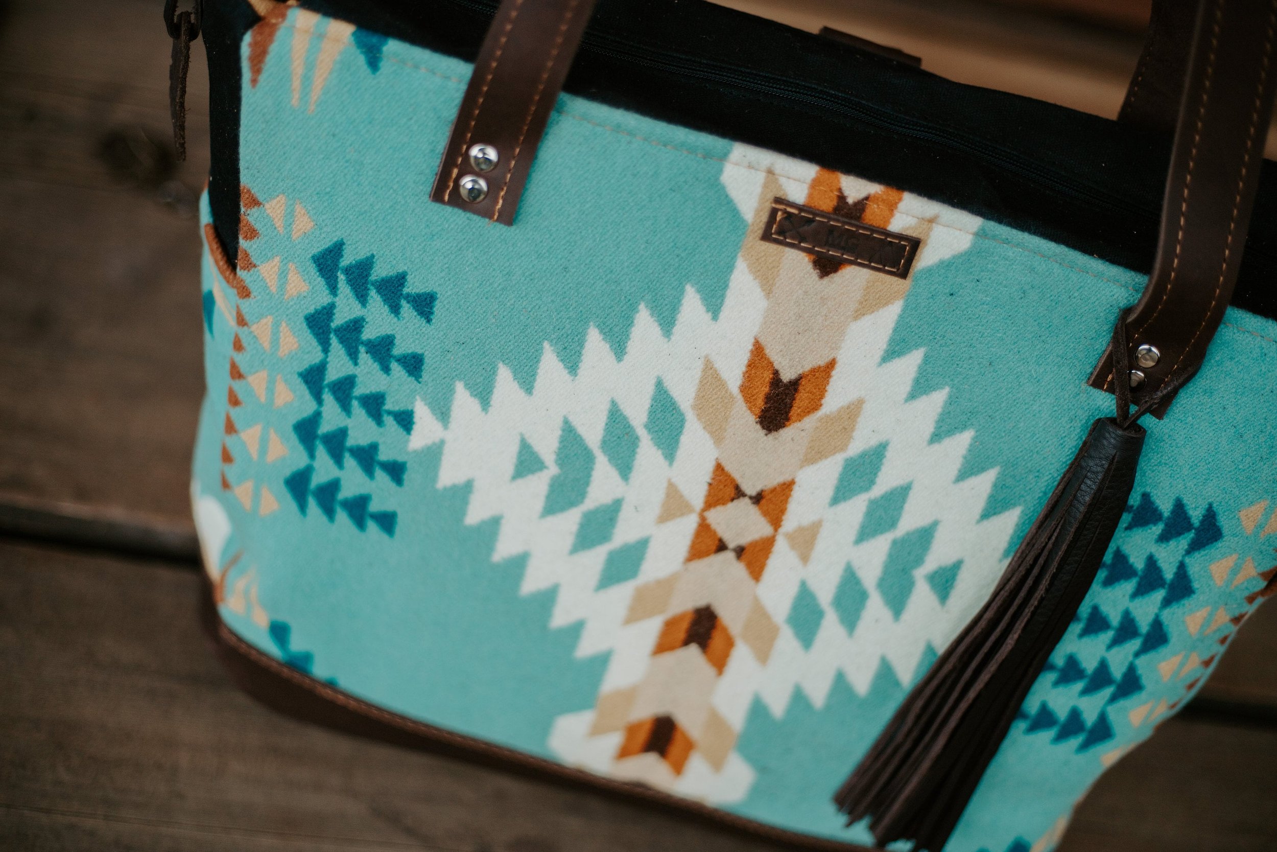 UNISEX DIAPER BAG TOTE IN LEATHER AND NATIVE WOOL, SOUTHWESTERN CARRY ON TOTE,