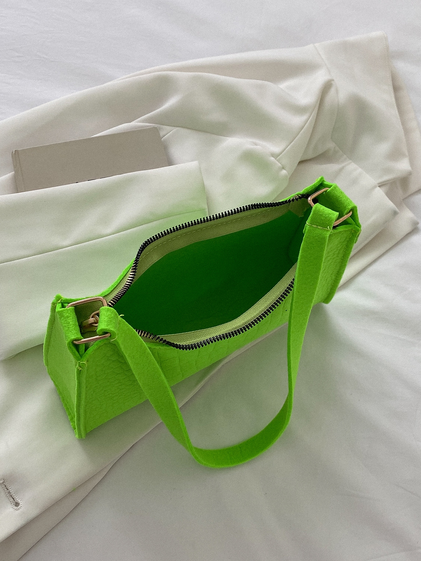 Fluorescent Green Croco-embossed Felt Baguette