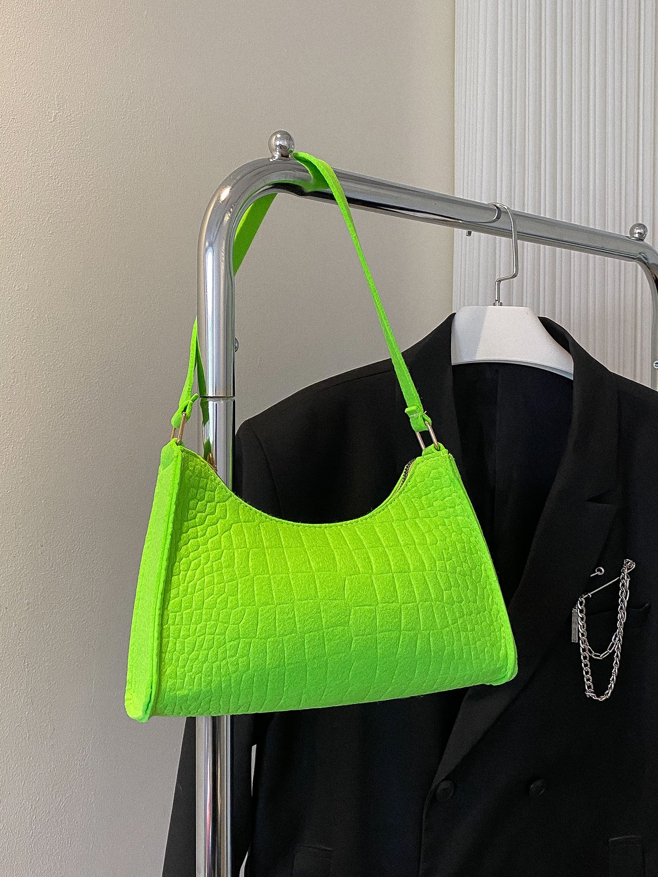 Fluorescent Green Croco-embossed Felt Baguette