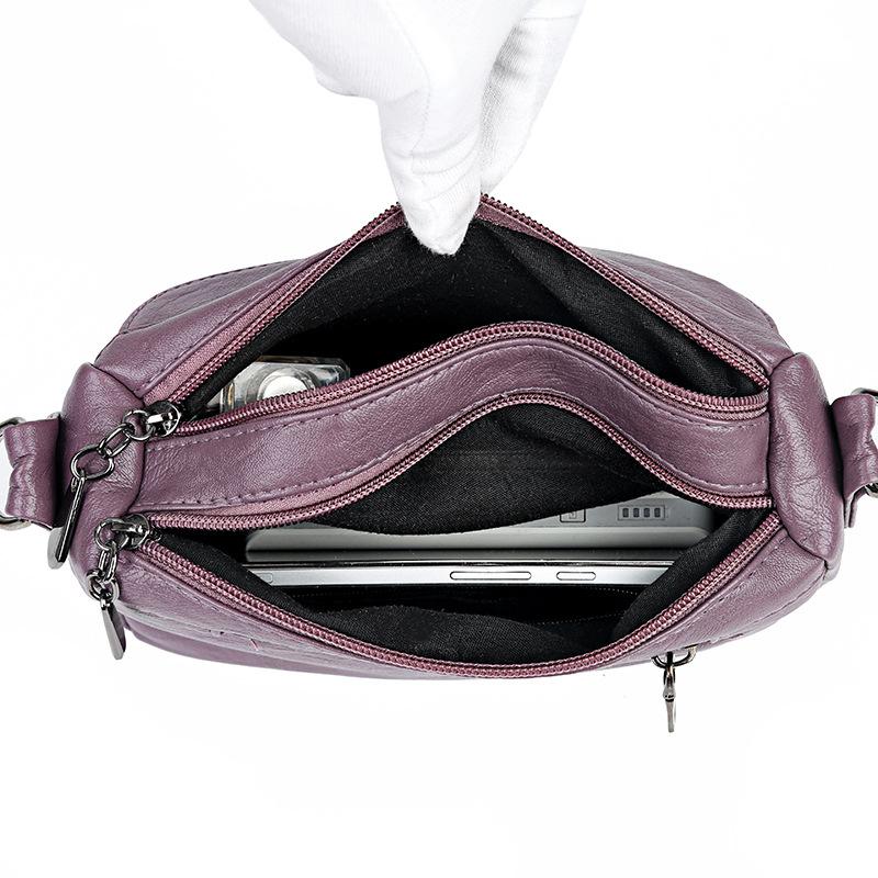 Ladies double-layer large capacity diagonal shoulder bag washed soft leather pouch