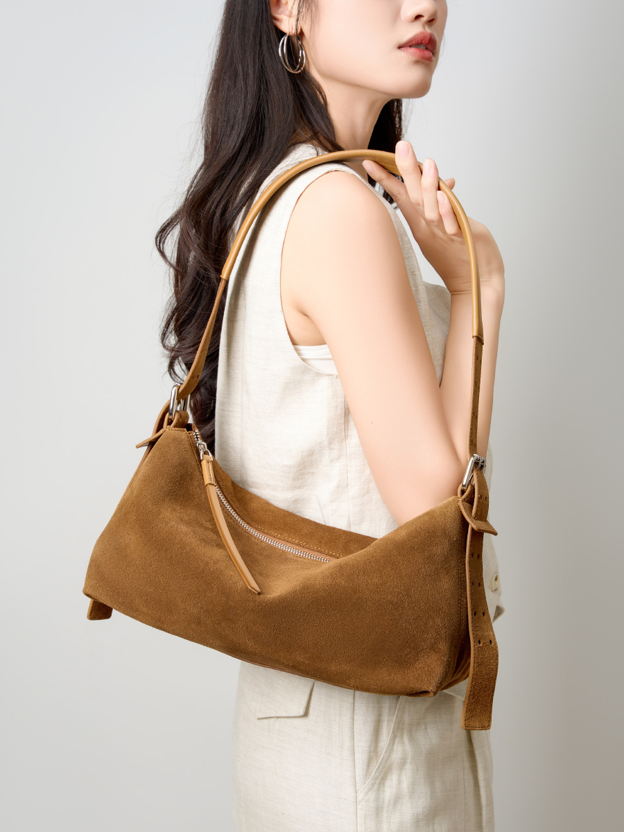 Camel Suede Baguette Shoulder Bag